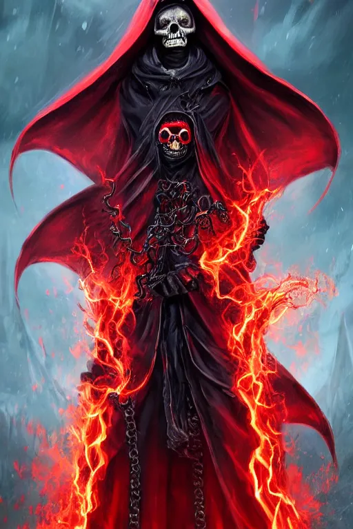 Prompt: A full body portrait of a mysterious character with a flaming skull with a very long hooded blood red and black cloak, tentacles coming out the ground art by Jason Chan, ominous, cosmic horror, trending on artstation, Ultra detailed, hyper realistic 4k