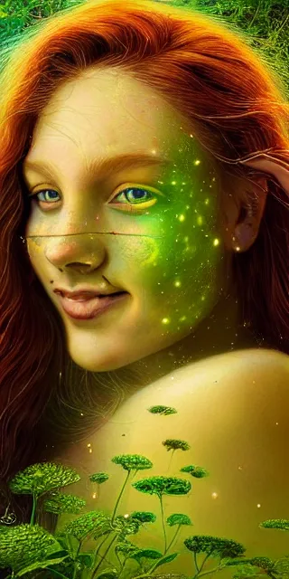 Image similar to infp young woman, smiling amazed, golden fireflies lights, sitting in the midst of nature fully covered, long loose red hair, intricate linework, bright accurate green eyes, small nose with freckles, oval shape face, realistic, expressive emotions, dramatic lights spiritual scene, hyper realistic ultrafine art by michael cheval, jessica rossier, boris vallejo