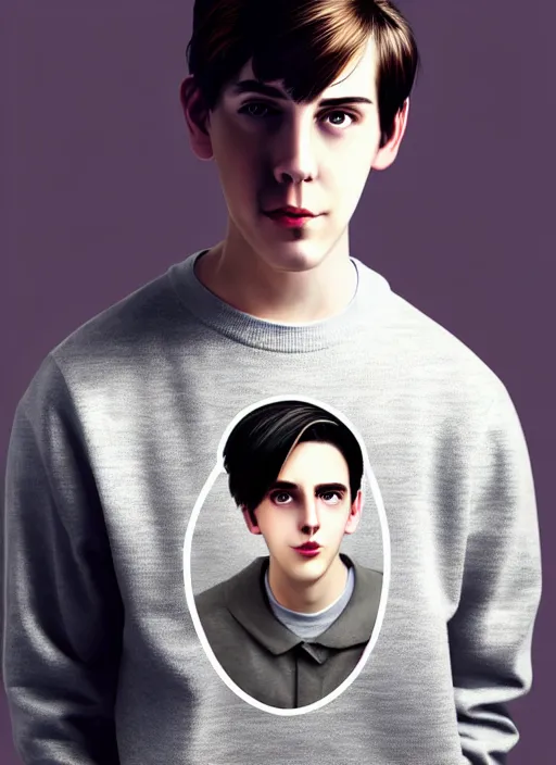 Image similar to portrait of teenage jughead jones wearing a light grey crown, photorealistic, crown, eyes closed, crown, black hair, sweater with letter s on it, letter s, intricate, elegant, glowing lights, highly detailed, digital painting, artstation, concept art, smooth, sharp focus, illustration, art by wlop, mars ravelo and greg rutkowski