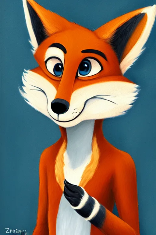 Image similar to oil painting of anthromorphic female fox, in style of zootopia, female fursona, furry, furaffinity, 4 k, deviantart, furry art, fursona art, wearing black business suit, business suit, fox fursona, nick wilde female, female, smug expression,