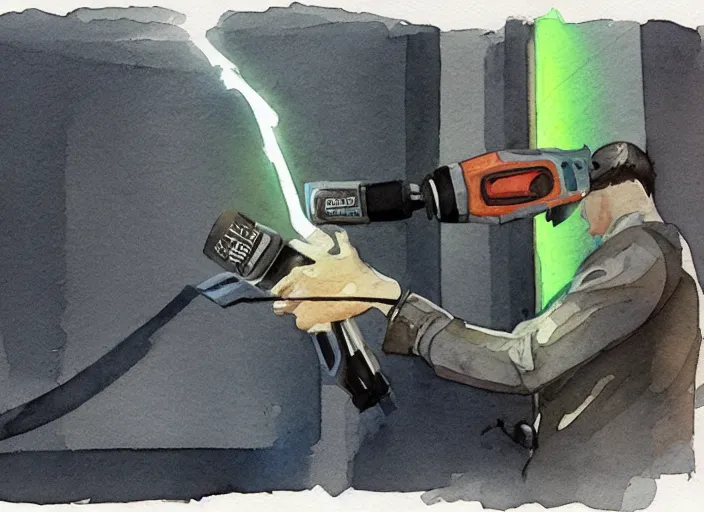 Image similar to concept art of a electril drill tool, pinterest, artstation trending, behance, watercolor, by coby whitmore, silver, laser light,