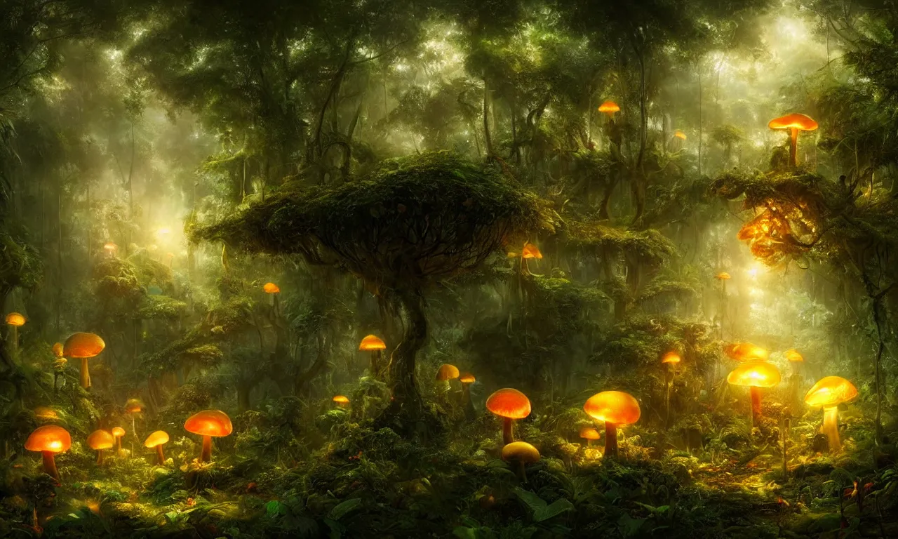 Image similar to glowing mushrooms in the jungle. andreas achenbach, artgerm, mikko lagerstedt, zack snyder, tokujin yoshioka