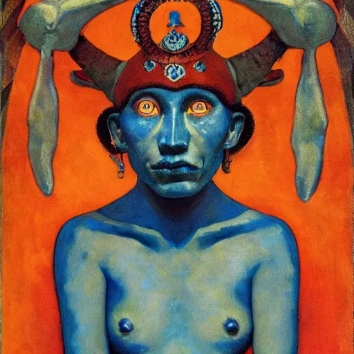 Prompt: the bone crown, by Annie Swynnerton and Nicholas Roerich and Diego Rivera, blue skin, elaborate costume, geometric ornament, rich color, dramatic cinematic lighting, smooth, sharp focus, extremely detailed