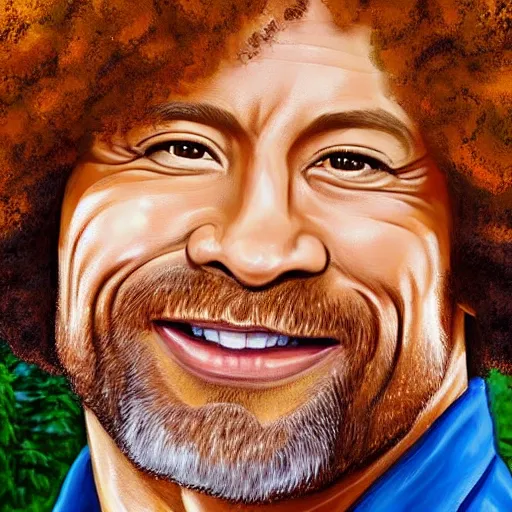 Image similar to dwayne johnson as bob ross, zoomed into his face while he is painting a painting, ultra realistic, hd, 8 k, happy little trees