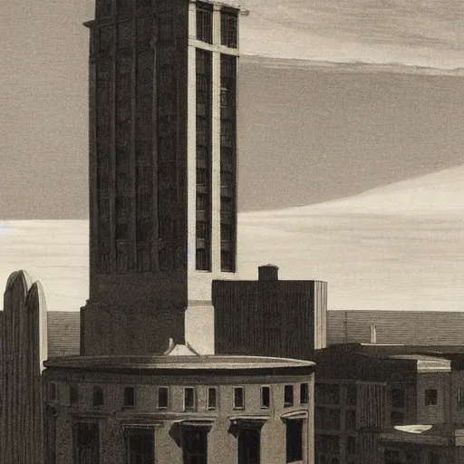 Prompt: an engraving of a storm battering a lighth tower skyscrepper in city downtown by edward hopper