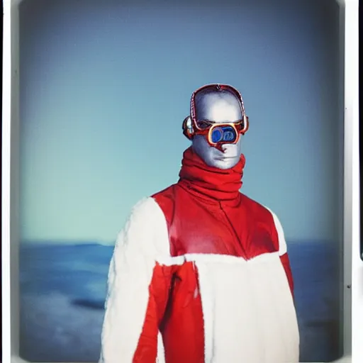 Image similar to an albanian cyborg in antarctica, 9 0 s polaroid, colored, by jamel shabbaz, robert mapplethorpe, davide sorrenti