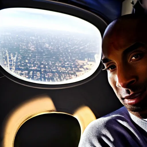 Image similar to Side shot of kobe bryant sitting in a helicopter and smoking a joint, 8k resolution, amazing detail, shot in the air