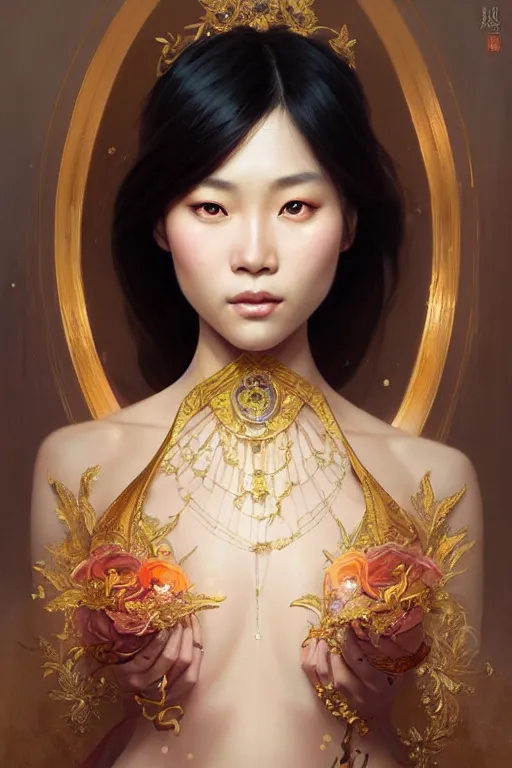 Prompt: semi-realistic portrait of an asian princess, face, thin, fantasy, intricate, elegant, digital painting, artstation, concept art, smooth, sharp focus, illustration, art by artgerm and greg rutkowski and alphonse mucha