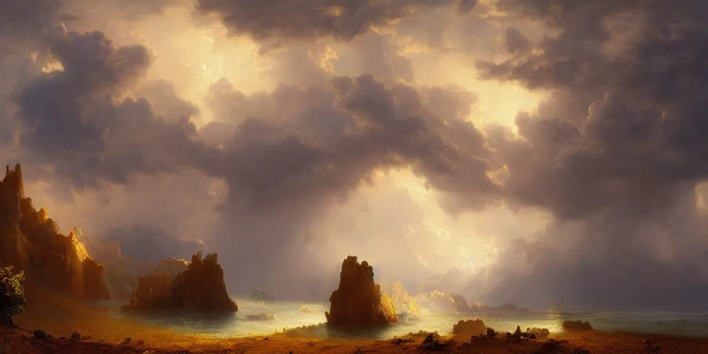 Prompt: a beautiful painting of epic skycape with thunder clouds and storm over a moody landscape by albert bierstadt and joseph zbukvic, moody color scheme, high detail, trending on artstation, orange : - 1 0, yellow : - 1 0