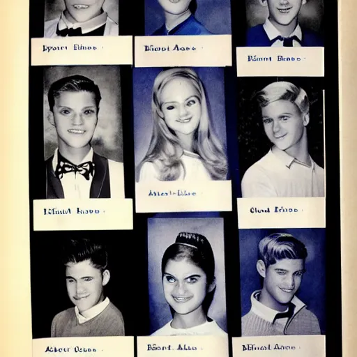 Prompt: a photograph of a yearbook page from 1966, showing four year book photos, one of Archie Andrews, one of Betty Cooper, one of Jughead Jones and one of Veronica Lodge