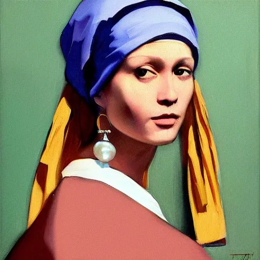 Image similar to greg manchess portrait painting of the girl with the pearl earring with the face of mona lisa, medium shot, asymmetrical, profile picture, organic painting, sunny day, matte painting, bold shapes, hard edges, street art, trending on artstation, by huang guangjian and gil elvgren and gerald brom