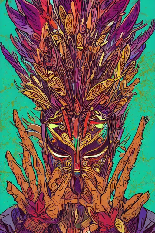 Image similar to animal mask totem roots flower tribal feather gemstone plant wood rock shaman vodoo video game vector cutout illustration vivid multicolor borderlands comics by josan gonzales and dan mumford radiating a glowing aura