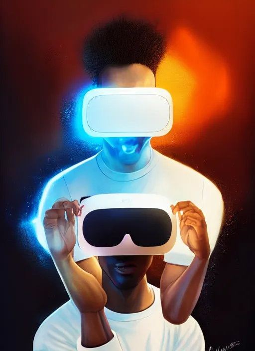 Image similar to handsome black genius hacking the metaverse, vr headset, white t - shirt and jordans floating, three dimensional holographs and translucent orange glow, highly detailed, digital painting, artstation, concept art, smooth, sharp focus, illustration, art by wlop, uang guangjian and gil elvgren and sachin teng and greg rutkowski