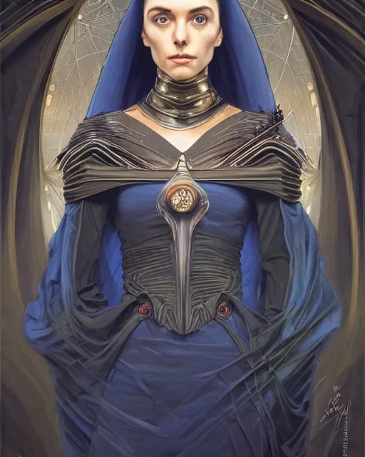 Image similar to portrait of saint alia atreides of the knife, her eyes are dark blue, blue eyes of the ibad, dune, science fiction, frank herbert, intricate, elegant, highly detailed, digital painting, artstation, concept art, sharp focus, illustration, art by artgerm and greg rutkowski and alphonse mucha