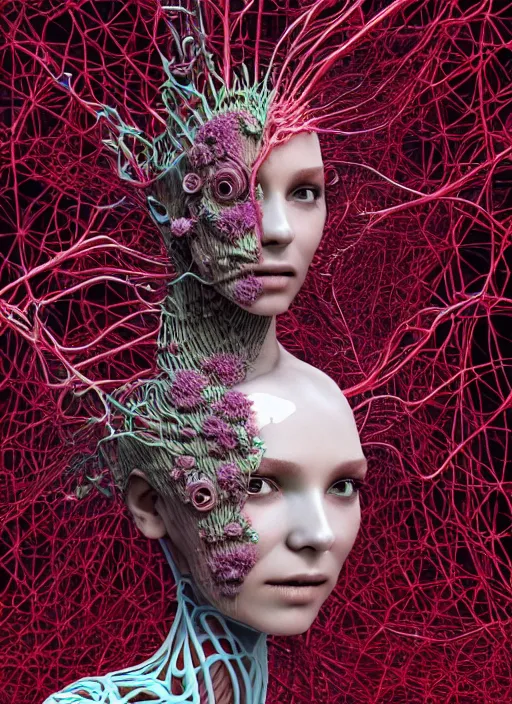 Image similar to hyper detailed 3d render like a sculpture - profile subsurface scattering (a beautiful fae princess protective playful expressive from that looks like a borg queen wearing a sundress made of flowers) seen red carpet photoshoot in UVIVF posing in caustic light pattern pool of water to Eat bite of the Strangling network of yellowcake aerochrome and milky Fruit and His delicate Hands hold of gossamer polyp blossoms bring iridescent fungal flowers whose spores black the foolish stars by Jacek Yerka, Ilya Kuvshinov, Mariusz Lewandowski, Houdini algorithmic generative render, golen ratio, Abstract brush strokes, Masterpiece, Victor Nizovtsev and James Gilleard, Zdzislaw Beksinski, Tom Whalen, Mark Ryden, Wolfgang Lettl, hints of Yayoi Kasuma and Dr. Seuss, Grant Wood, octane render, 8k, maxwell render, siggraph