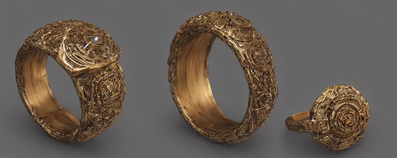 Image similar to simple ring with a shield ornament, ring, wood, gold, smooth shank, crystals, engravings, product design, jewelry, art by gerald brom, greg rutkowski and artgerm and james jean and zdzisław beksinski, 8 k, unreal engine, c 4 d