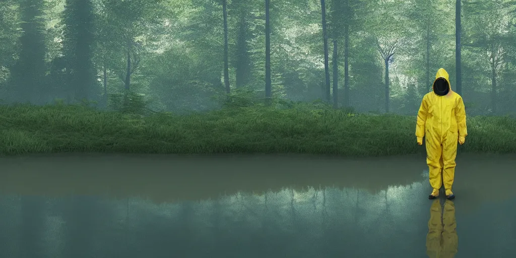 Prompt: a man in a yellow hazmat suit stands in a small lake with reflections in a detailed forest, painting, concept - art, rendering, octane, redshift, cinematic composition, volumetric lighting