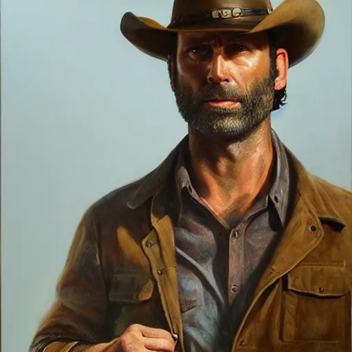 Image similar to ultra realistic portrait painting of rick grimes as a western outlaw, art by michael sowa, 4 k, ultra realistic, highly detailed, epic lighting