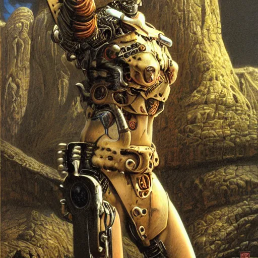 Prompt: cybernetic cyborg warrior, wretched camel, by Gerald Brom and Ted Nasmith