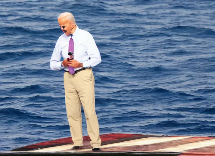 Prompt: confused Joe Biden scratching his neck standing in the middle of the ocean