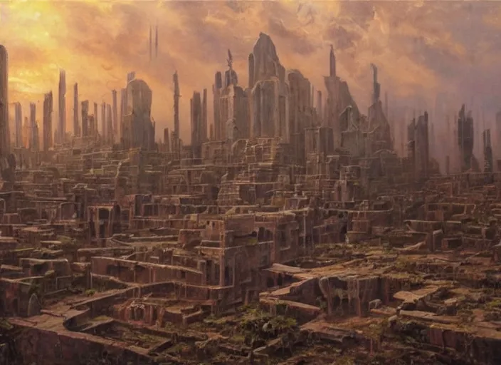 Image similar to oil painting by james gurney of the sole guardian of a forgotten city, some edges lost, high contrast, subtle tones, calm, serene landscape, beautiful detailed abandoned city