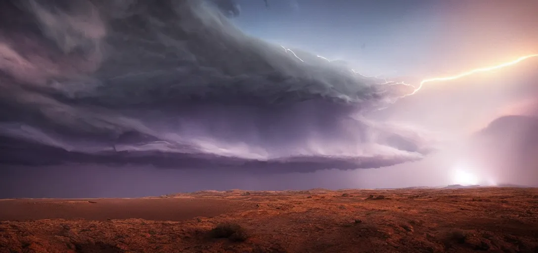 Prompt: a beautiful picture of a dark distant thundercloud lit from below in a desert, intricate detail, impending doom, sunset, serene, volumetric lighting, volumetric clouds, 8 k, hyperrealistic, digital art trending on artstation