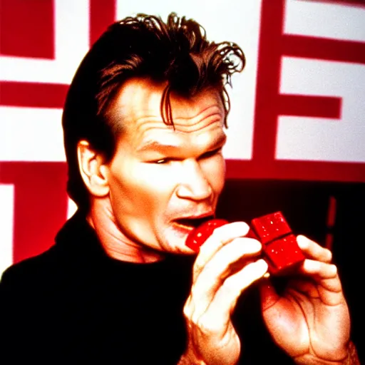 Image similar to patrick swayze eating a cola cube, photograph,