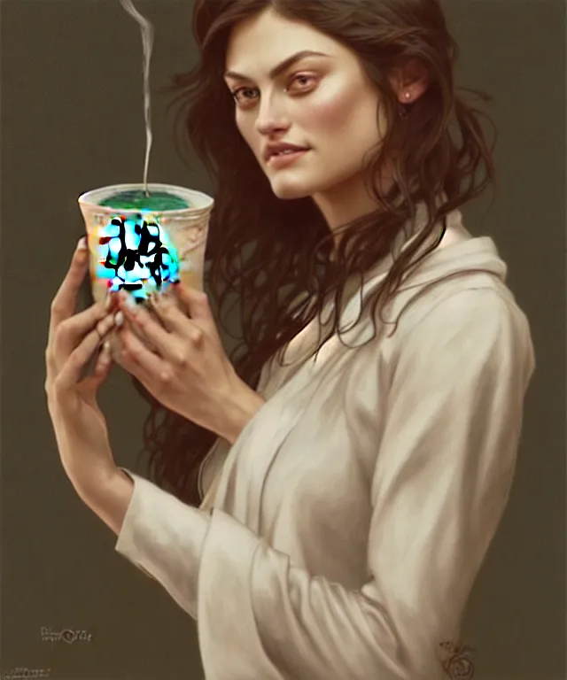 Prompt: Phoebe Tonkin as a very happy starbucks barista, portrait, intricate, elegant, highly detailed, digital painting, artstation, concept art, smooth, sharp focus, illustration, art by artgerm and greg rutkowski and alphonse mucha