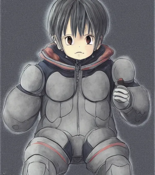 Image similar to attractive little boy wearing an cyborg bear suit, artwork in kentaro miura and made in abyss and inazuma eleven, smooth, beautiful lightness, anatomically correct, trending on pixiv, fascist composition, realistic