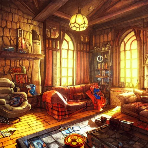 Prompt: the interior of a German living room. The mood is warm and friendly. dungeons and dragons style. highly detailed, digital painting, artstation, concept art, sharp focus, illustration, art by Josh kirby and John romita jr and moebius