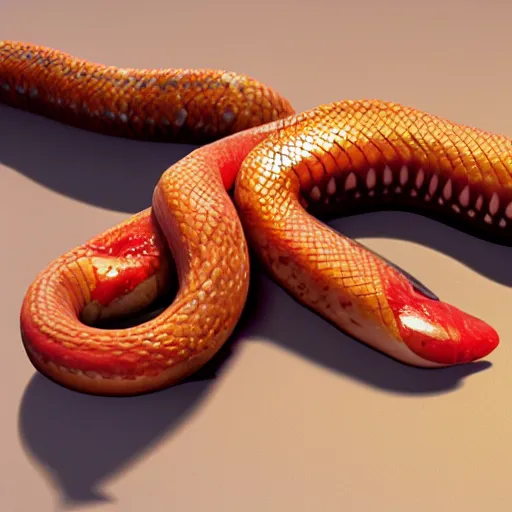 Image similar to photorealistic snake hotdog. hyperdetailed photorealism, 1 0 8 megapixels, amazing depth, high resolution, 3 d shading, 3 d finalrender, 3 d cinematic lighting, glowing rich colors, artstation concept art.