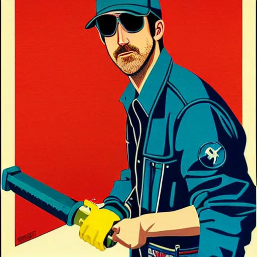 Image similar to realistic portrait of ryan gosling as a soviet mechanic, with a huge wrench, futuristic, highly detailed, 8 0 - s style poster, sharp focus, illustration, art by kawase hasui,