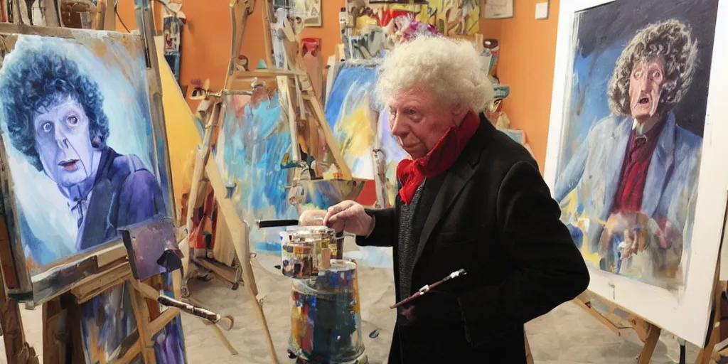 Prompt: tom baker, stands at a his easel, dressed as doctor who, paints portraits of davros, daleks and cyber men, soft focus, long exposure