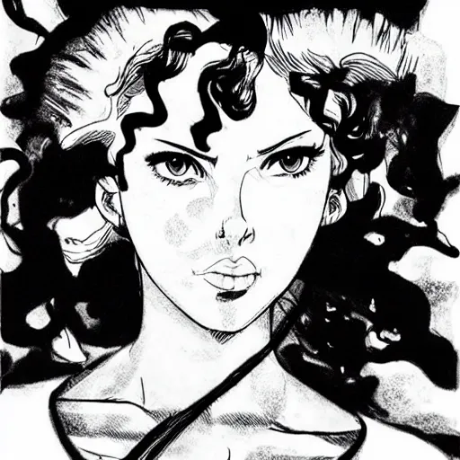 Image similar to scarlett johansson in afro samurai manga style, pencil and ink, in a bar fight