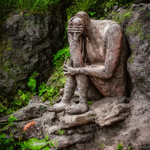 Image similar to weathered Maya stone statue of an alien in front of a wide, foggy valley with beautiful waterfall in the jungle, award winning photography, 8k