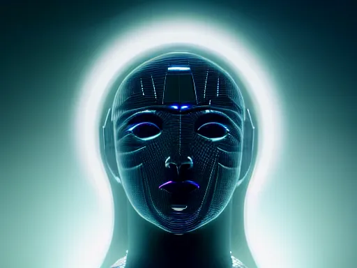 Image similar to a gray faceless figure, ascended, robot wizard, NPC with a saint\'s halo, saintly halo behind their head made of neon filigree, consulting the cyber oracle of all knowledge, at the end of time, in an esoteric ritual exchange of physical code, 8k, 4k, unreal 5, DAZ, trending on artstation, octane render, abstract painting, bright blue future