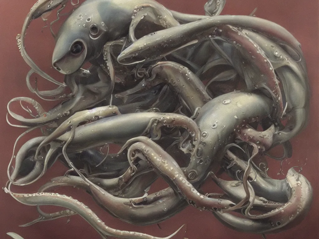 Prompt: a perfect hyperrealist painting of a creature. part man, part squid, in a machine taht is gradually crushing them into a smooth paste. fine art, gallery lighting, solemn, and exquisite