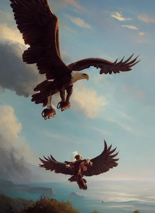 Prompt: epic action redbull portrait of george washington soaring on backs of a giant bald eagle by greg rutkowski, fantasy