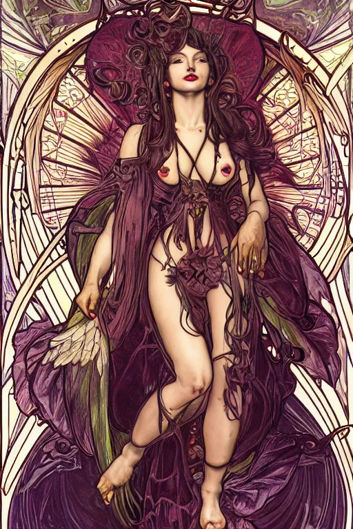 Prompt: tonemapped Angelic Succubus in the style of Ayami Kojima and Alphonse Mucha