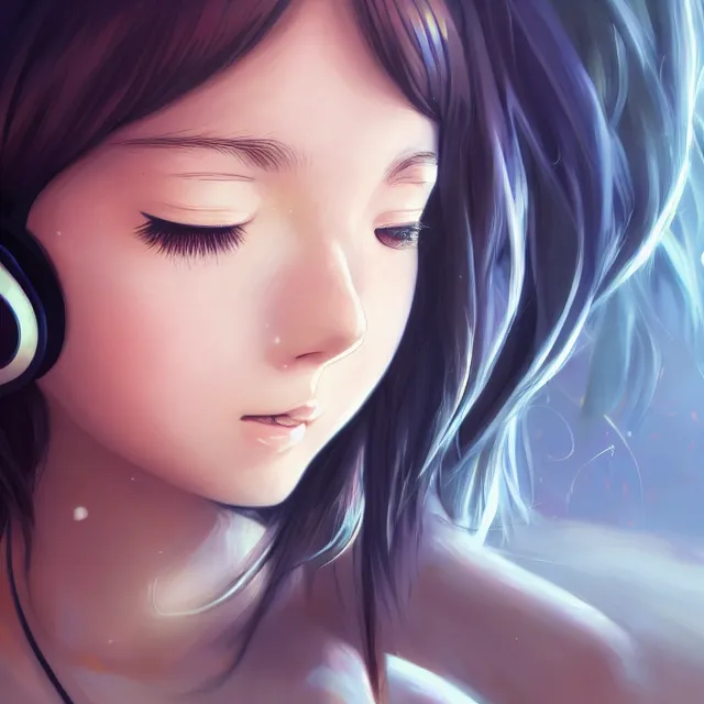 Prompt: close up portrait of a photorealistic anime girl, absurdly beautiful, gorgeous, youthful, smiling, eyes closed, listening to music on headphones, laying down on a bed, an ultrafine hyperdetailed illustration by loish, ross tran, intricate linework, ambient lighting, global illumination, trending on art station.