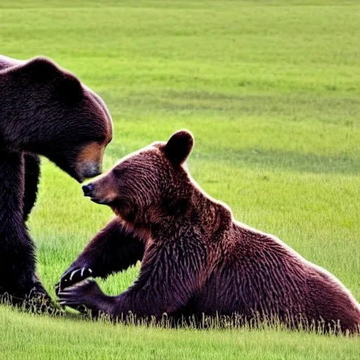 Image similar to a photo of a bear in a field. Jerome Powell is sitting on top of the bear. Jerome powell is riding the bear like a horse.