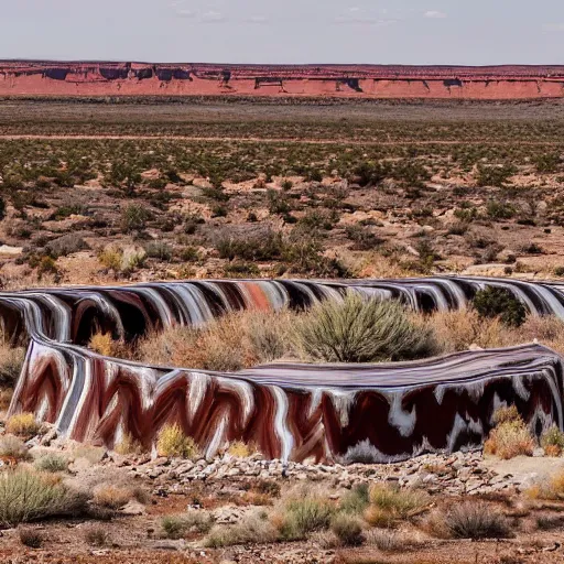 Image similar to a desolate arid landscape with pillars of banded agate reaching the sky