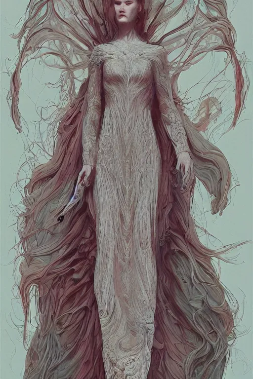 Image similar to the white lady in a dress with long hairs, art by James Jean and Wayne Barlowe, high detail, cinematic, cgsociety 8k