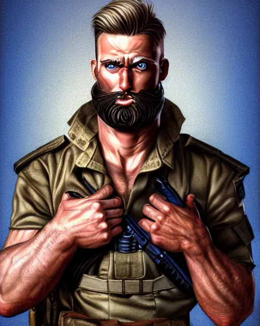 Image similar to portrait of muscular, tired and alcoholic 3 0 - year - old handsome man with short darkblonde hair, serious sad look in his eyes, dirty beard, blue eyes, wearing dirty soldier uniform, on the desert, hyper realistic face, beautiful eyes, character art, art by mark brooks, hyperdetailed, cryengine, trending on artstation, digital art