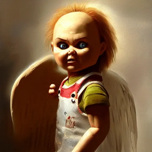 Prompt: the doll chucky as an accurate angel described in the old testament, oil painting, by greg rutkowski