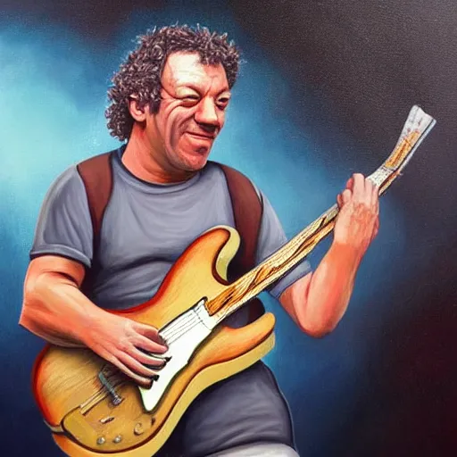 Image similar to Caricature portraits done of Dean Ween playing a guitar live on stage, realistic, hyperrealistic, very realistic, highly detailed, very detailed, extremely detailed, detailed, oil painting, digital art, trending on artstation