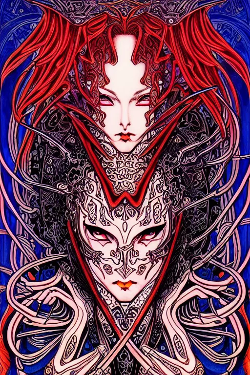 Prompt: demon, occult design with ornate pattern background, intricate linework, in the style of moebius, ayami kojima, 9 0's anime, retro fantasy