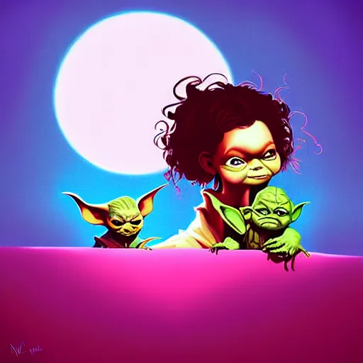 Image similar to curled perspective digital art of curly brown hair baby girl with baby yoda by anton fadeev from nightmare before christmas