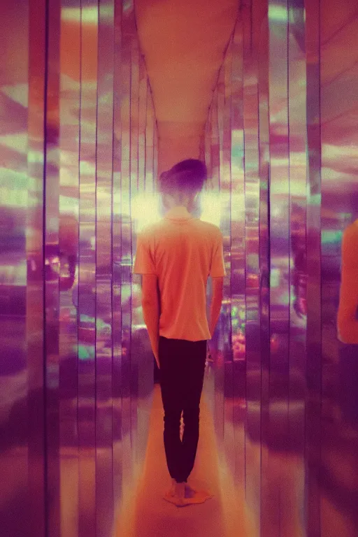 Image similar to agfa vista 4 0 0 photograph of a skinny guy in a hall of mirrors, futuristic, synth vibe, vaporwave colors, lens flare, flower crown, back view, moody lighting, moody vibe, telephoto, 9 0 s vibe, blurry background, grain, tranquil, calm, faded!,