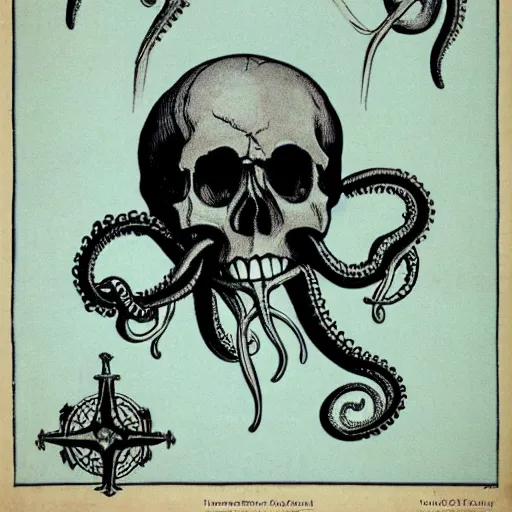 Prompt: skull of a pirate with tentacles protruding out at the bottom of the ocean old european map